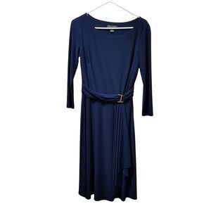 Lauren Ralph Lauren Faux Wrap Dress Women's 4 Navy Blue 3/4 Sleeve Stretch